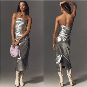 NWT Anthropologie The Soleil Slim Strapless Ruched Midi Silver Faux Leather $170